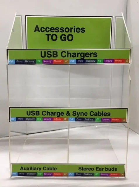 Mizco 3 Tier Empty Display(24Micro USB Cable, 24USB car charger,24USB wall charger, 48Stereo Ear...